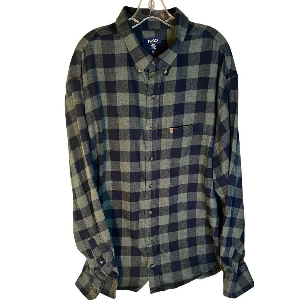 Izod Stratton Flannel L/S Button Front Shirt Forest Green Plaid Size 2XLT